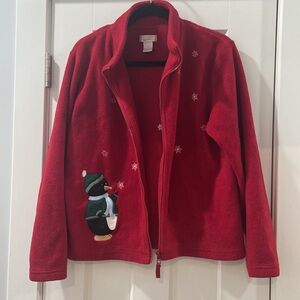 Red Christmas winter fleece jacket penguin snowflakes small Christopher & Banks